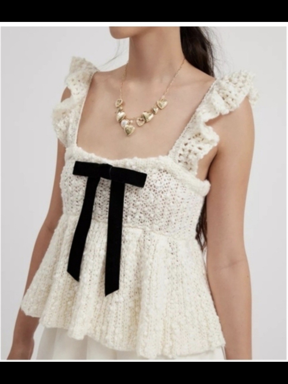 Kimchi Blue Cream Crochet Peplum Cami with Black Bow